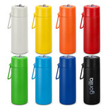 A drink bottle collection featuring white, yellow, orange, red, green, blue, and black options, each with a handle and logo.