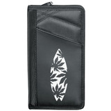 A black travel wallet with a textured surface and a decorative surfboard design, featuring a logo.