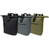 A trio of Resi Recycled Roll-Top 18L Backpacks in black, grey, and olive green, featuring a logo and front pocket.