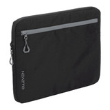 A black laptop sleeve with a zippered front pocket and a logo, designed for a 16-inch laptop.