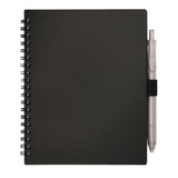 A black recycled PP journal with a spiral binding and a grey pen attached. It features a logo on the cover.