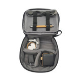 A grey eco accessory pouch filled with cables, a pen, a charger, and a small black device. It has a zipper closure.