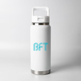 A drink bottle in matte white with a stainless steel base and a blue logo featuring the letters "BFT."