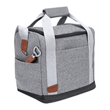 A grey cooler bag with handles and a bottle opener, featuring a zip closure and leather accents.
