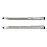 A metal stylus pen in silver and black, featuring a sleek design and a clip, along with a logo.