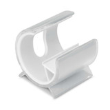 A white phone stand with a sleek design and smooth finish, featuring a simple, modern shape.