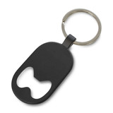 A black bottle opener key ring featuring a circular keychain and a bottle opener design. It includes a logo.