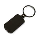 A sleek black key ring with a rectangular tag and a metal circular attachment.