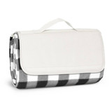 A grey and white checkered picnic blanket neatly rolled and secured with a handle. It features a soft fabric exterior.