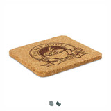 A square cork coaster in a natural brown hue featuring an embossed logo design.