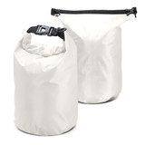 Two Nevis Dry Bags in white, featuring a roll-top closure and a sturdy buckle. One bag is smaller than the other.