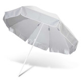 A beach umbrella with a wide canopy and a white fabric cover, supported by a straight pole.