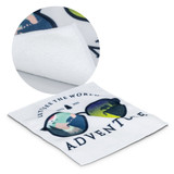 A microfiber cleaning cloth featuring a design of sunglasses and the phrase "Adventure" in white and colourful graphics.