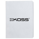 A grey notebook with blank pages, featuring a branded logo on the cover.