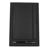 A black pocket-bound journal and pen set in a sleek black gift box with a branded interior.