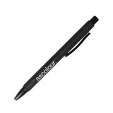 A black plastic pen with a sleek design and a logo. It features a clip for easy attachment.