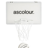 A mini basketball hoop set featuring a white backboard and a basketball with a logo.