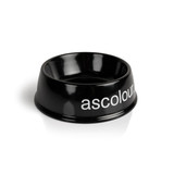 A black pet bowl featuring a simple design and a logo. Stylish and functional for pet feeding.