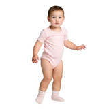 A pink organic infant one-piece with short sleeves, featuring a snug fit and paired with light pink socks.