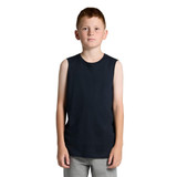 A youth tank top in navy blue, featuring no sleeves and a simple design. It includes a logo on the front.