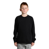 A black crew sweatshirt for youth, featuring a simple design and long sleeves, with a logo on the front.