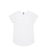 A white T-shirt with a rounded neckline and short sleeves, featuring a simple design and a tag.