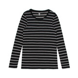 A black and white striped long sleeve t-shirt with a crew neckline and a logo on the label.