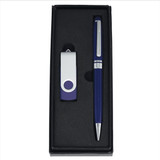 A pen and a purple USB flash drive are elegantly presented in a black gift box. The box features a simple design.