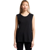 A black sleeveless tank top with a relaxed fit, featuring a round neckline and a logo.