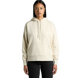 A light cream hoodie with a front pocket and a hood, displayed on a model. The item has a branding logo.
