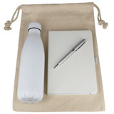 A drink bottle, beige cotton drawstring bag, white journal, and silver pen. The set has a logo on the bag.