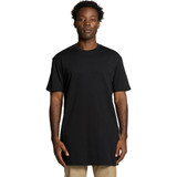 A black tall T-shirt with a relaxed fit, featuring short sleeves and a round neckline. It has a logo present.