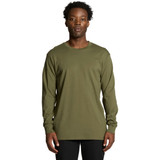 A long-sleeve green T-shirt with a crew neckline, featuring a logo on the front.