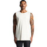 A sleeveless white tank top worn by a model with tattoos, featuring a logo but no visible text.
