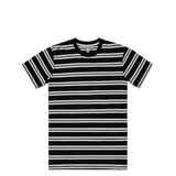 A black and white striped t-shirt with a crew neck and short sleeves, featuring a logo on the label.