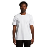 A white T-shirt with short sleeves, featuring a simple design and a logo on it.