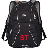 A black backpack with multiple compartments and a logo, featuring mesh straps and red lettering.