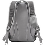 A grey backpack with padded straps and a side pocket, featuring a logo on the side.