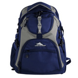 A blue and grey High Sierra Access 17" 46L computer backpack with multiple compartments and a logo.