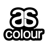 A black and white sticker featuring the text "as colour" with a logo design.