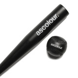 A mini black baseball bat and a black baseball, both featuring a logo.