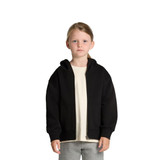 A black zip-up hoodie for kids with a hood, featuring side pockets and a plain design.