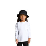 A child wearing a long-sleeve white tee and a black bucket hat, paired with black leggings.