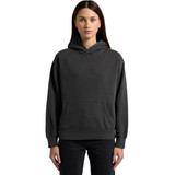 A faded black hoodie with a front pocket and a large hood, featuring a small logo.