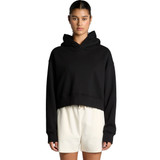 A black cropped hoodie with a hood, featuring long sleeves and a relaxed fit, displayed on a model.