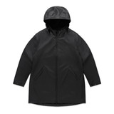 A black rain jacket with a hood, featuring side pockets and a zip closure, with a small logo on it.