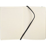A soft bound journal with lined pages and a black elastic closure, featuring a plain interior.