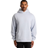 A light blue hoodie features a front pocket and a hood, worn by a model standing upright. It has a logo.
