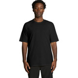 A black T-shirt with short sleeves, featuring a logo, worn by a model standing upright.