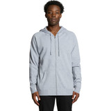 A grey zip-up hoodie featuring a hood and front pockets, with a logo on the garment.